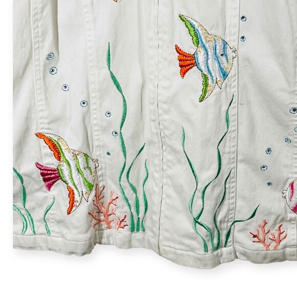 Quacker Factory Jacket Womens 2X Embroidered Tropical Fish Reef Zip Cotton White - Picture 6 of 14